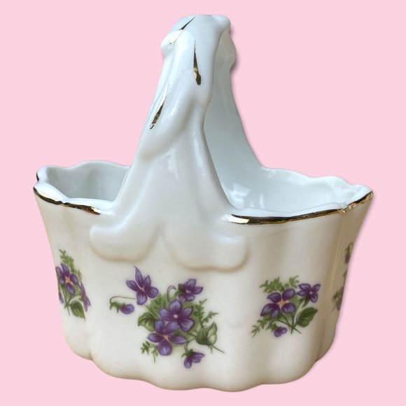 Vintage 70s Lefton Violets Gilted Ceramic Mini Basket